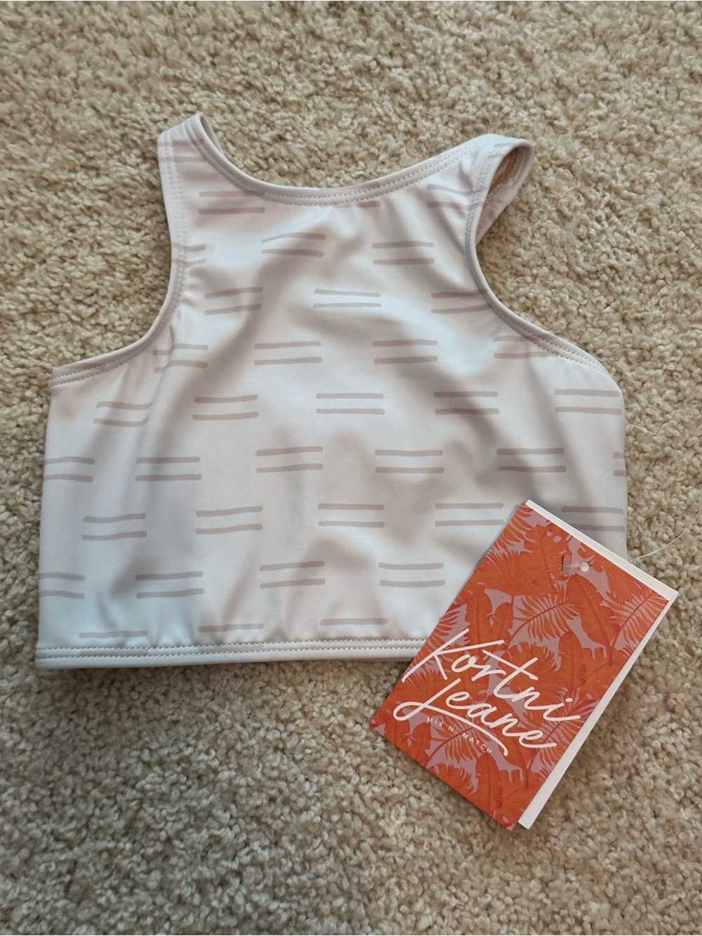 Kortni Jeane Girls White and Light Taupe Patterned Swim Top